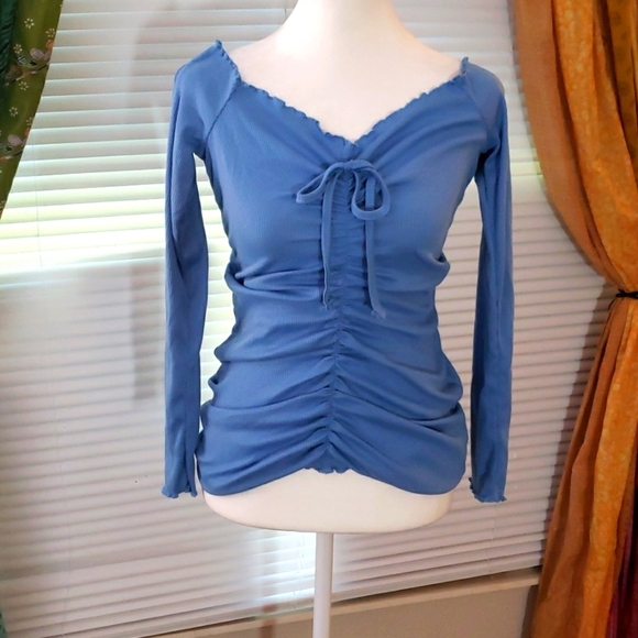 Boohoo Tops - BOOHOO Ruched Front Blue Blouse